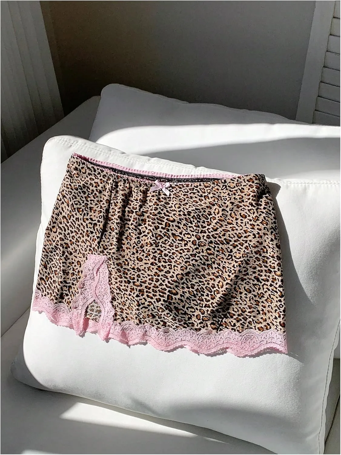 Women's Cheetah Print Mini Skirt Lace Trim Low Rise Split Bodycon Pencil Leopard Skirts