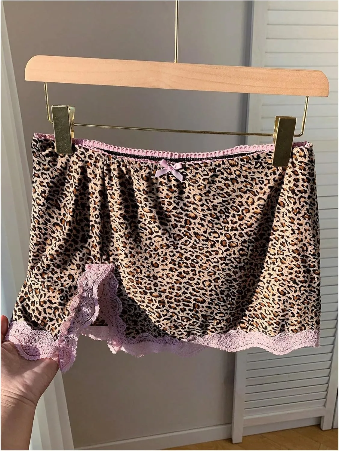 Women's Cheetah Print Mini Skirt Lace Trim Low Rise Split Bodycon Pencil Leopard Skirts