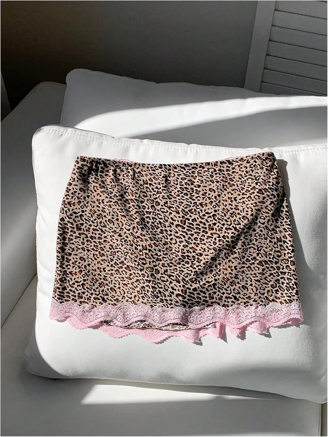Women's Cheetah Print Mini Skirt Lace Trim Low Rise Split Bodycon Pencil Leopard Skirts