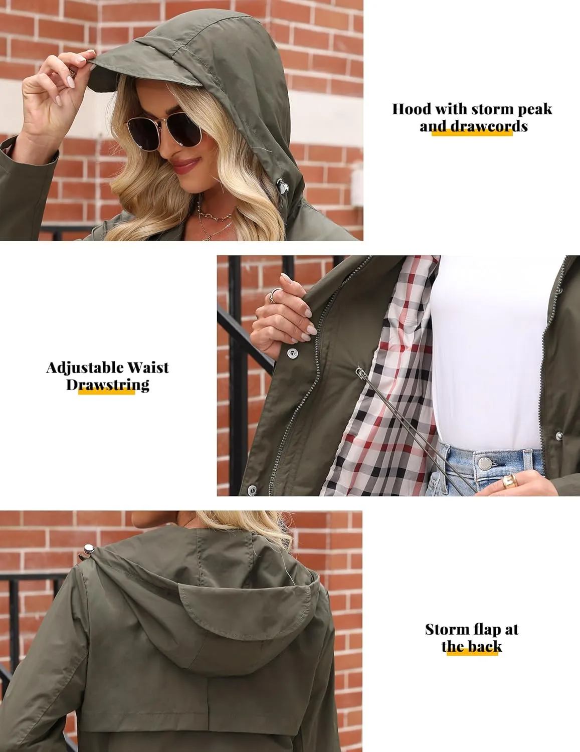 Women's Rain Jacket Lightweight Raincoat Lined Windbreaker Waterproof Long Hooded Trench Coats S-XXL