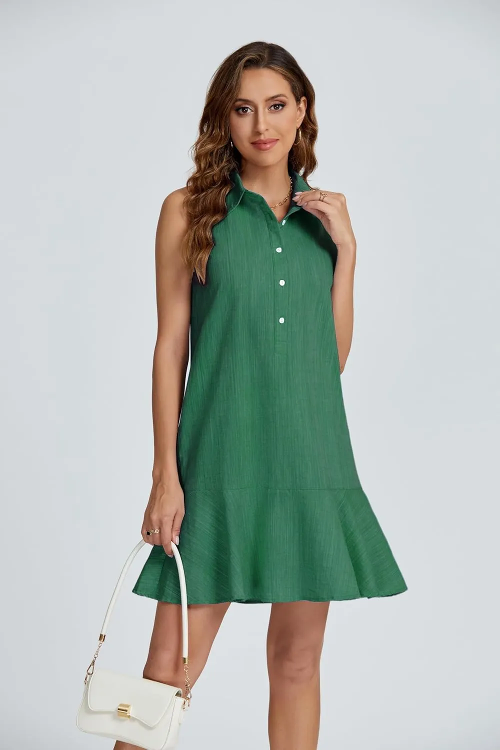 Womens Sleeveless Shirt Dress Ruffle Hem Cotton Tunic Tank Dress Button Up Swing Shift Mini Dresses