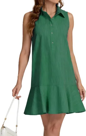Womens Sleeveless Shirt Dress Ruffle Hem Cotton Tunic Tank Dress Button Up Swing Shift Mini Dresses
