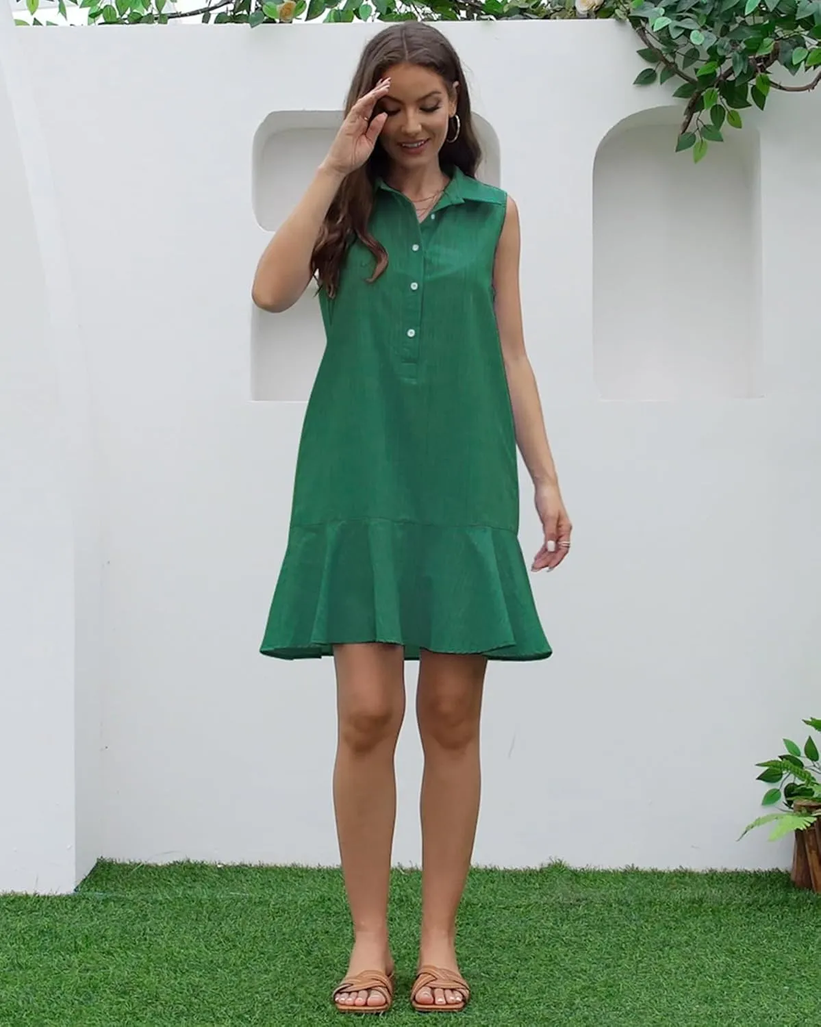Womens Sleeveless Shirt Dress Ruffle Hem Cotton Tunic Tank Dress Button Up Swing Shift Mini Dresses