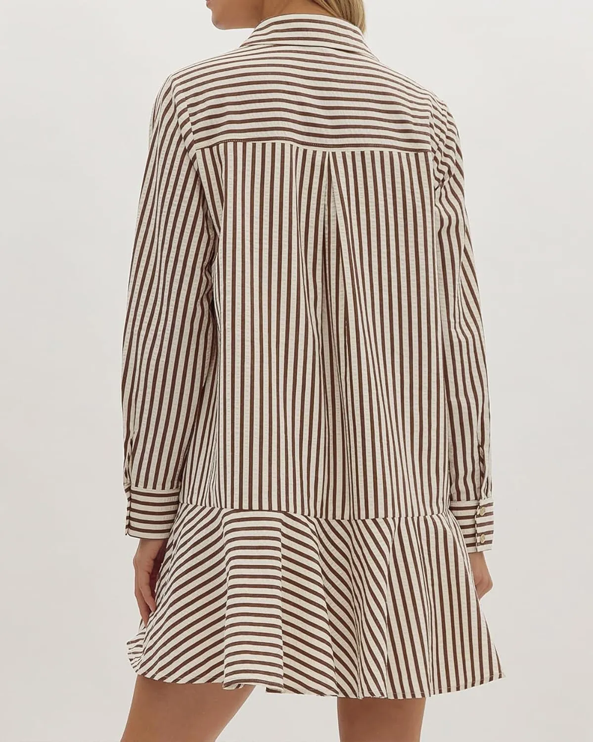 Womens Tunic Shirt Mini Dress Long Sleeve Cotton Short Dress Button Up Ruffle Hem Shift Dresses