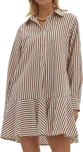 Womens Tunic Shirt Mini Dress Long Sleeve Cotton Short Dress Button Up Ruffle Hem Shift Dresses