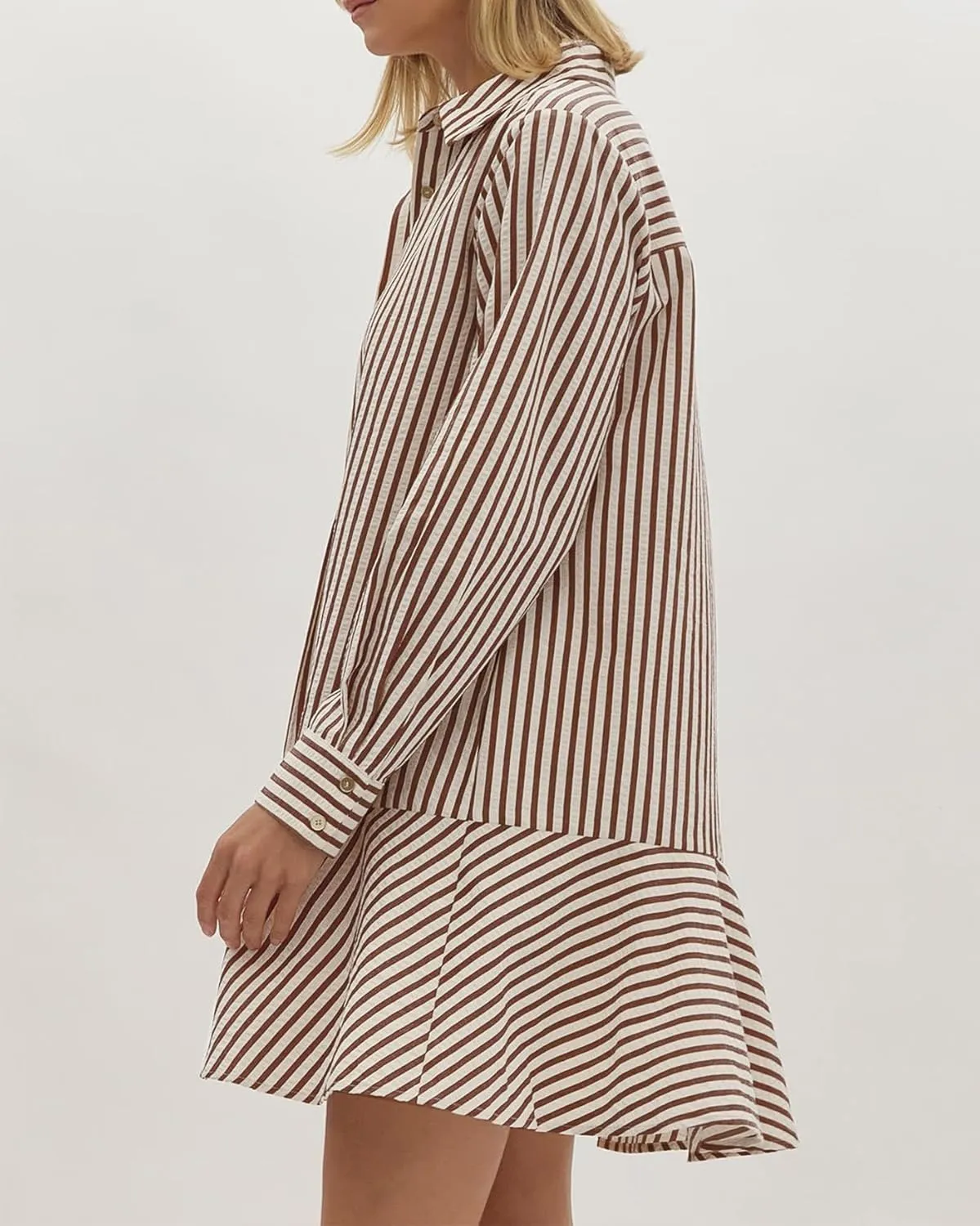 Womens Tunic Shirt Mini Dress Long Sleeve Cotton Short Dress Button Up Ruffle Hem Shift Dresses