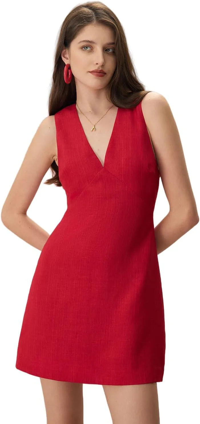 Women's V-Neck Sleeveless Breathable Playful Cotton Linen Mini Dress