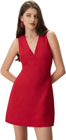 Women's V-Neck Sleeveless Breathable Playful Cotton Linen Mini Dress